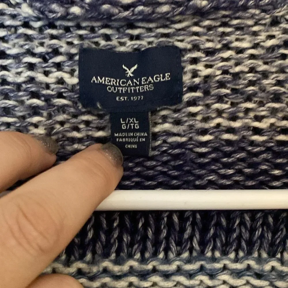 American Eagle Shades of Blue Fringe Knit Hooded Open Sweater Shrug Size L/XL